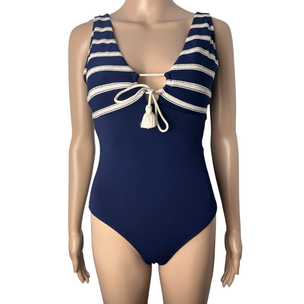 New Robin Piccone Abi Striped Blue White Plunge Cut Out One-Piece Swimsuit